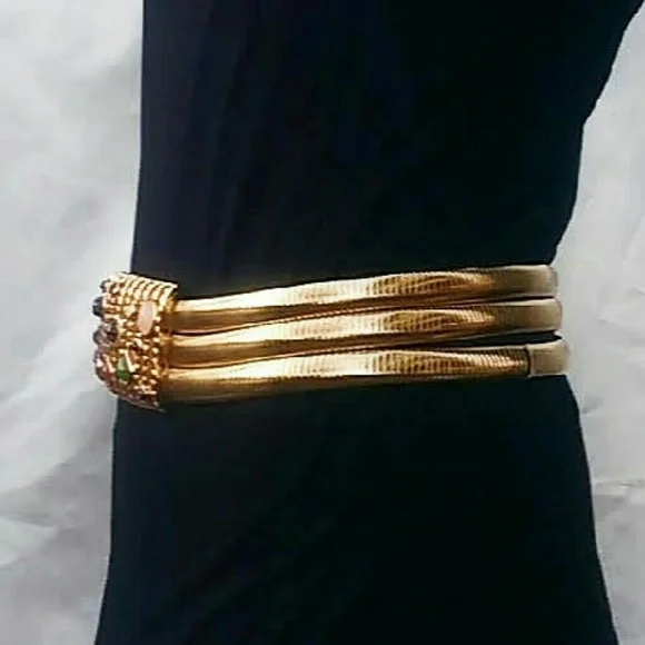 Vintage 70s Gold Stretch Belt w/ Gemstones Buckle - Picture 6 of 11